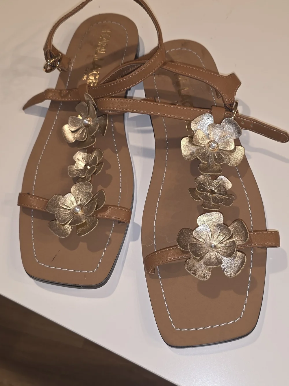 Karl Lagerfeld Tan Sandals with Gold Floral Accents